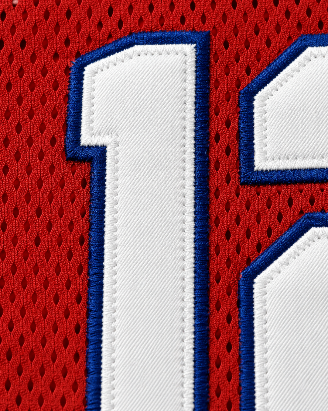 Embroidery detail product mockup of Zion Williamson 12 Day School Griffins Red Alternate Basketball Jersey.