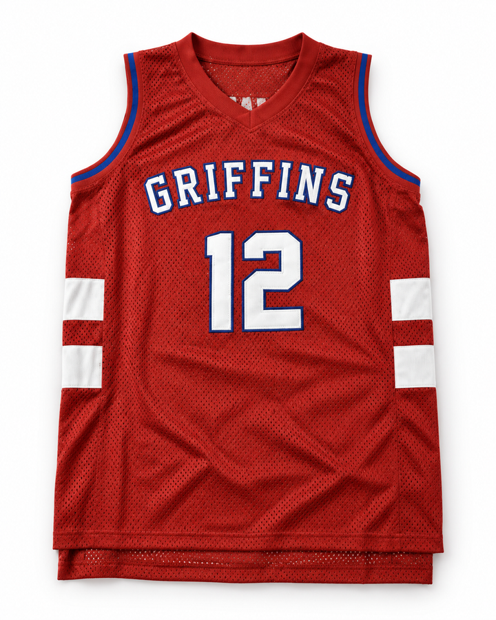 Front product mockup of Zion Williamson 12 Day School Griffins Red Alternate Basketball Jersey.