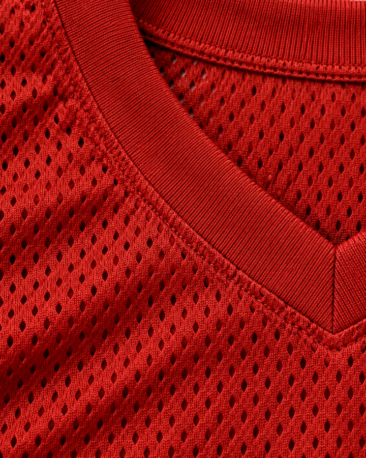 Neckline and fabric detail product mockup of Zion Williamson 12 Day School Griffins Red Alternate Basketball Jersey.