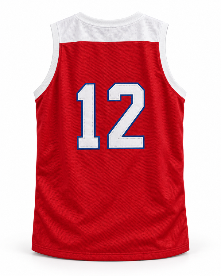 Back product mockup of Zion Williamson 12 Spartanburg Day School Griffins Red Basketball Jersey.