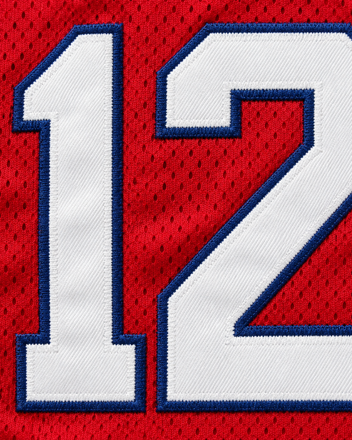 Embroidery detail product mockup of Zion Williamson 12 Spartanburg Day School Griffins Red Basketball Jersey.