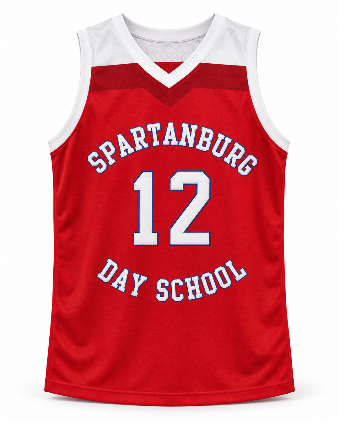Front product mockup of Zion Williamson 12 Spartanburg Day School Griffins Red Basketball Jersey.