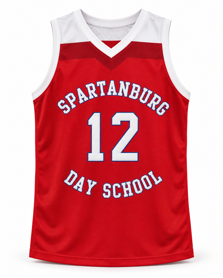Front product mockup of Zion Williamson 12 Spartanburg Day School Griffins Red Basketball Jersey.