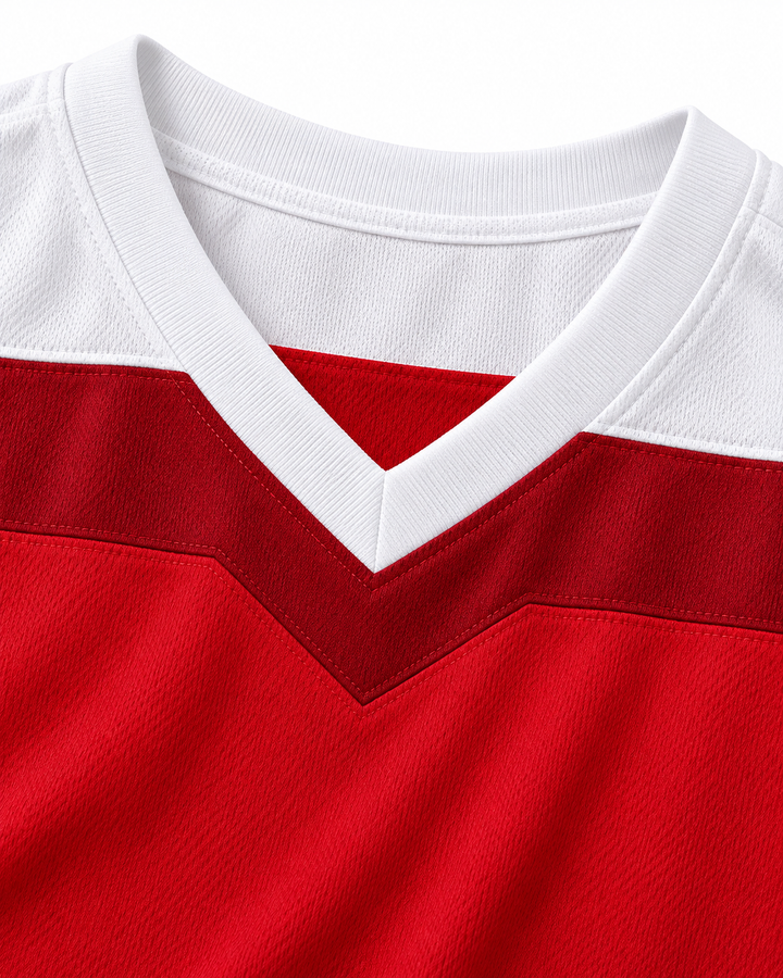 Neckline and fabric detail product mockup of Zion Williamson 12 Spartanburg Day School Griffins Red Basketball Jersey.