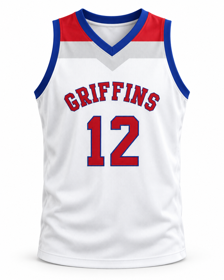 Front product mockup of Zion Williamson 12 Spartanburg Day School Griffins White Basketball Jersey.