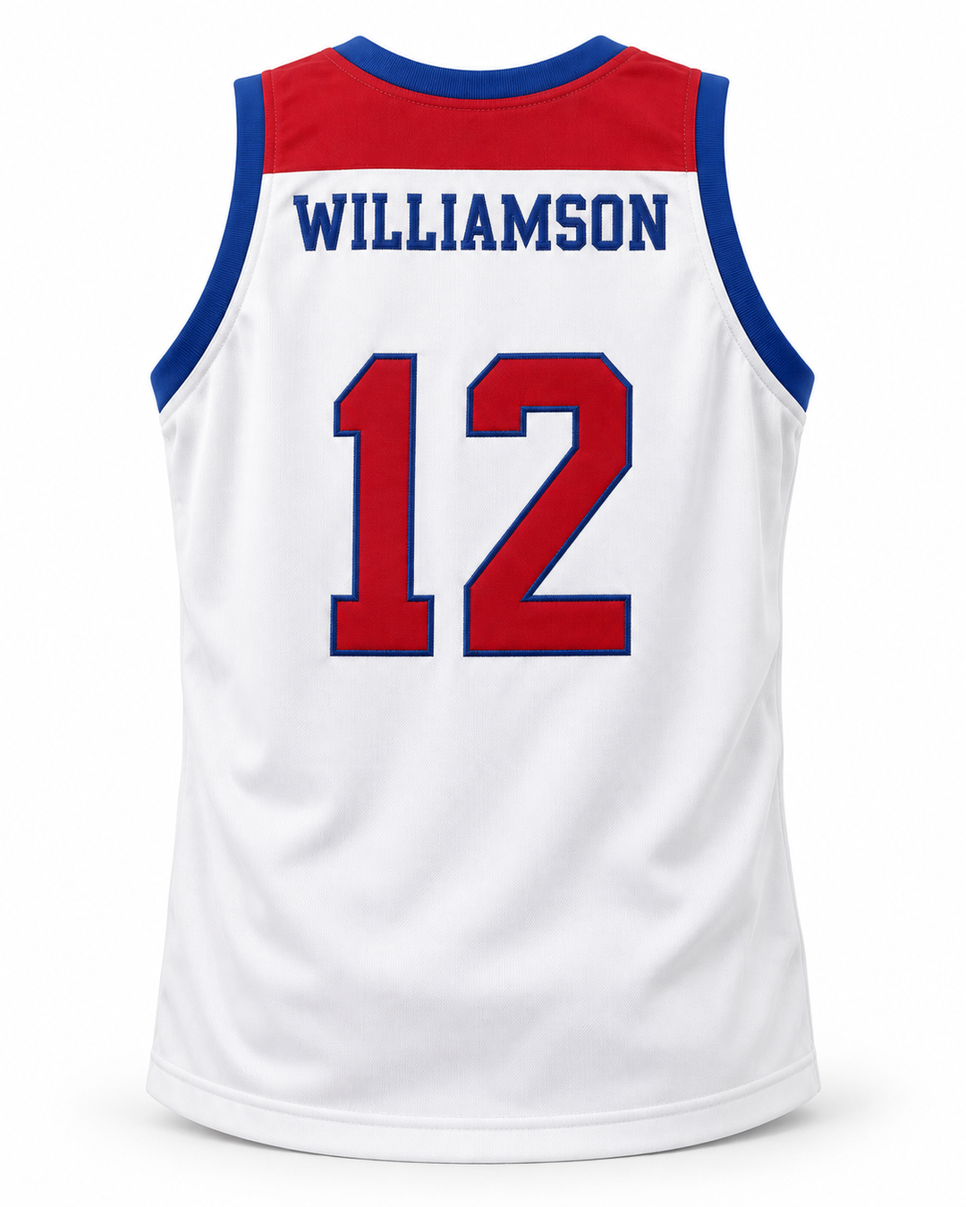 Back product mockup of Zion Williamson 12 Spartanburg Day School Griffins White Basketball Jersey.