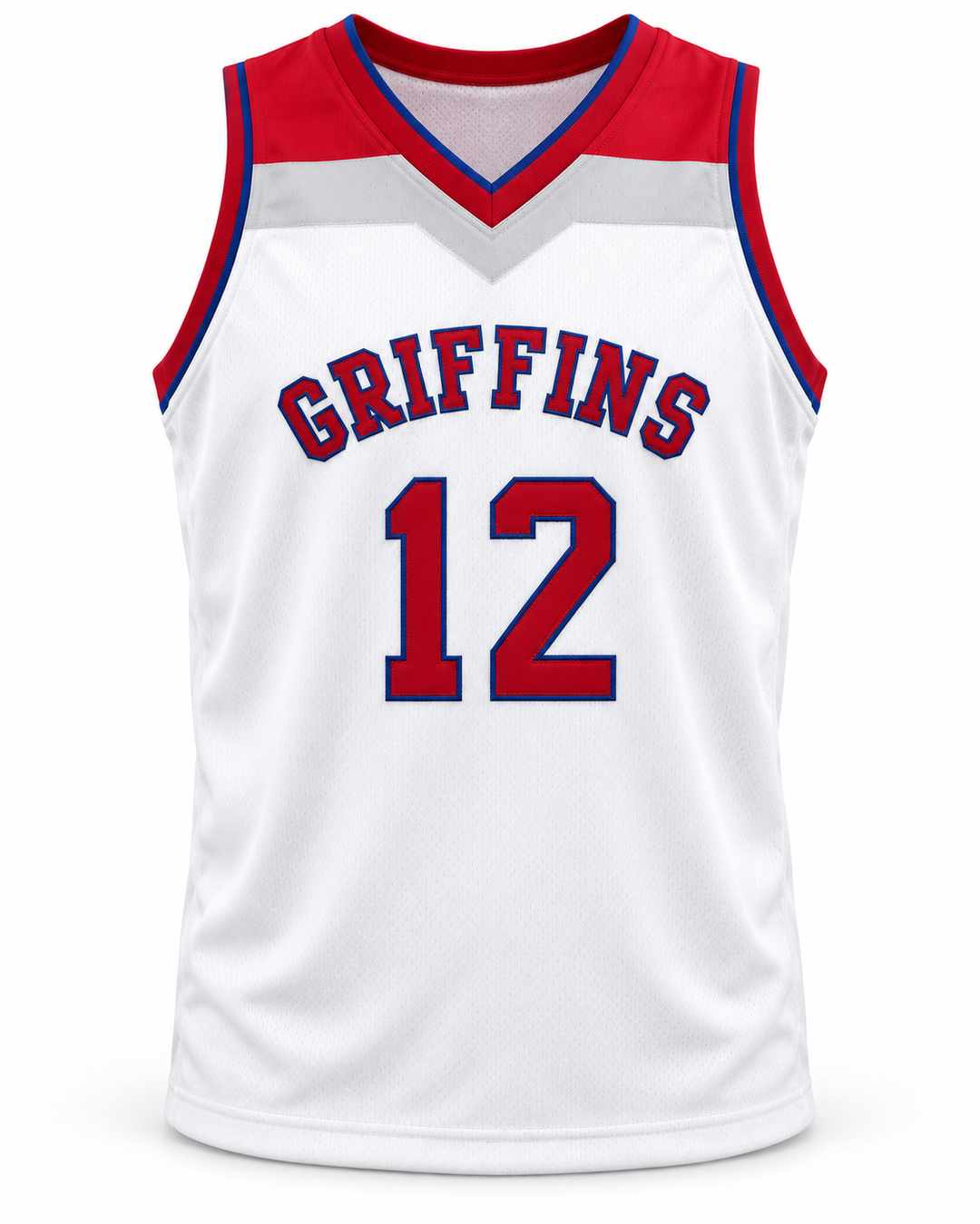 Front product mockup of Zion Williamson 12 Spartanburg Day School Griffins White Basketball Jersey.