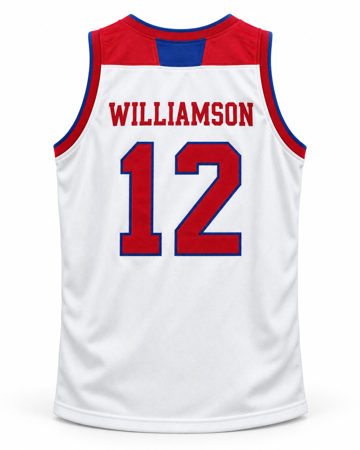Back product mockup of Zion Williamson 12 Spartanburg Day School Griffins White Basketball Jersey.