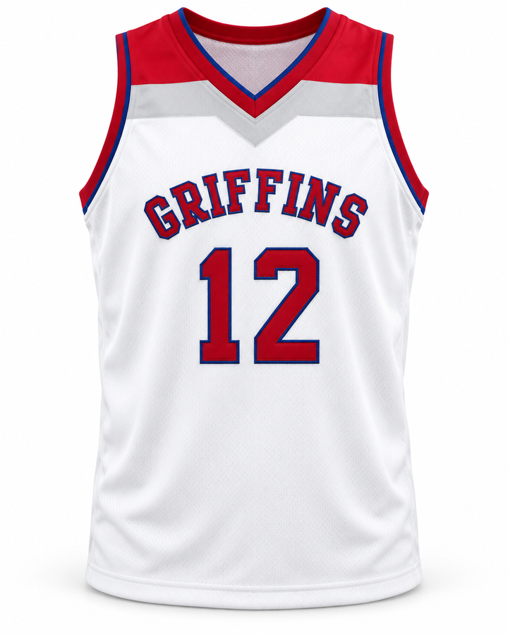 Front product mockup of Zion Williamson 12 Spartanburg Day School Griffins White Basketball Jersey.