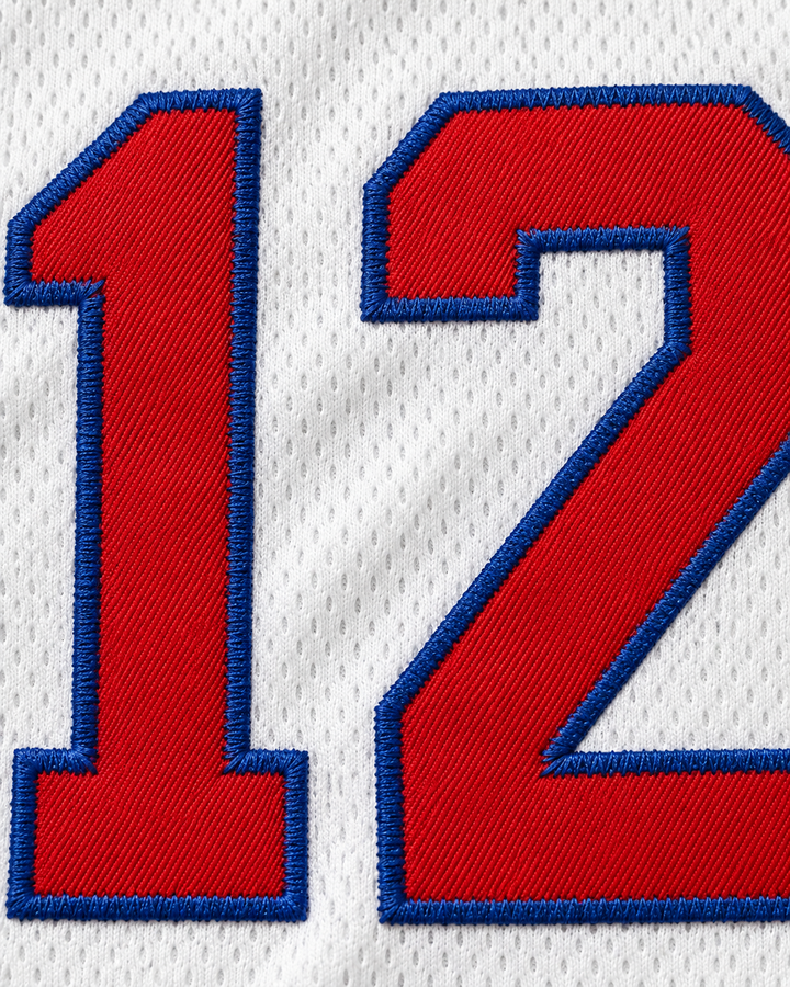 Embroidery detail product mockup of Zion Williamson 12 Spartanburg Day School Griffins White Basketball Jersey.